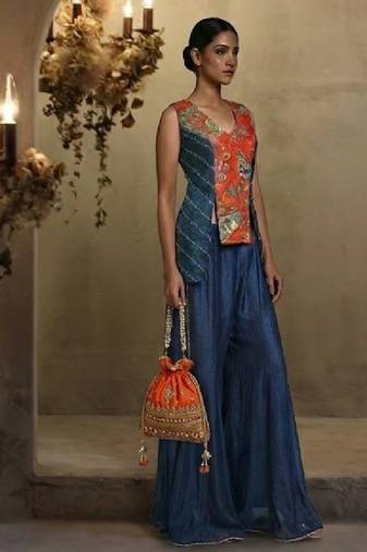 handcrafted jacket style kurta set with palazzo pants