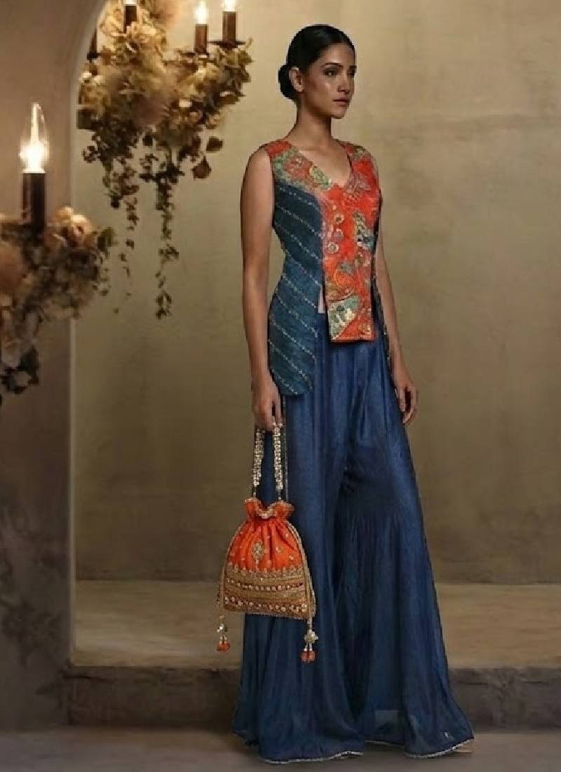 handcrafted jacket style kurta set with palazzo pants