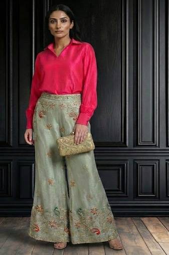 embroidered palazzo pants with solid hot pink shirt set