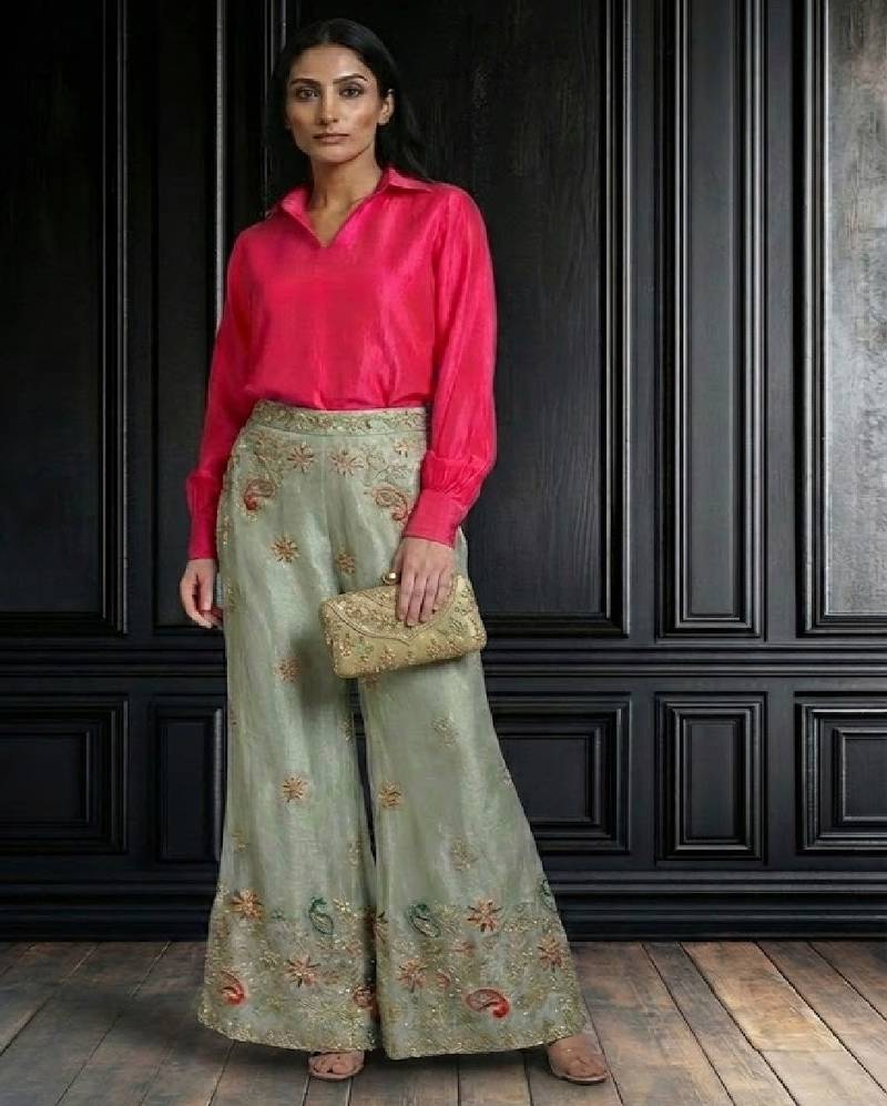 embroidered palazzo pants with solid hot pink shirt set