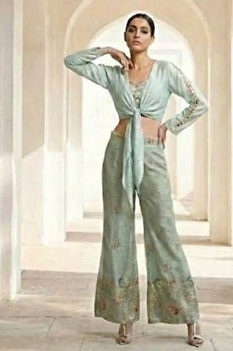 tie up crop top with embroidered wide leg pants set