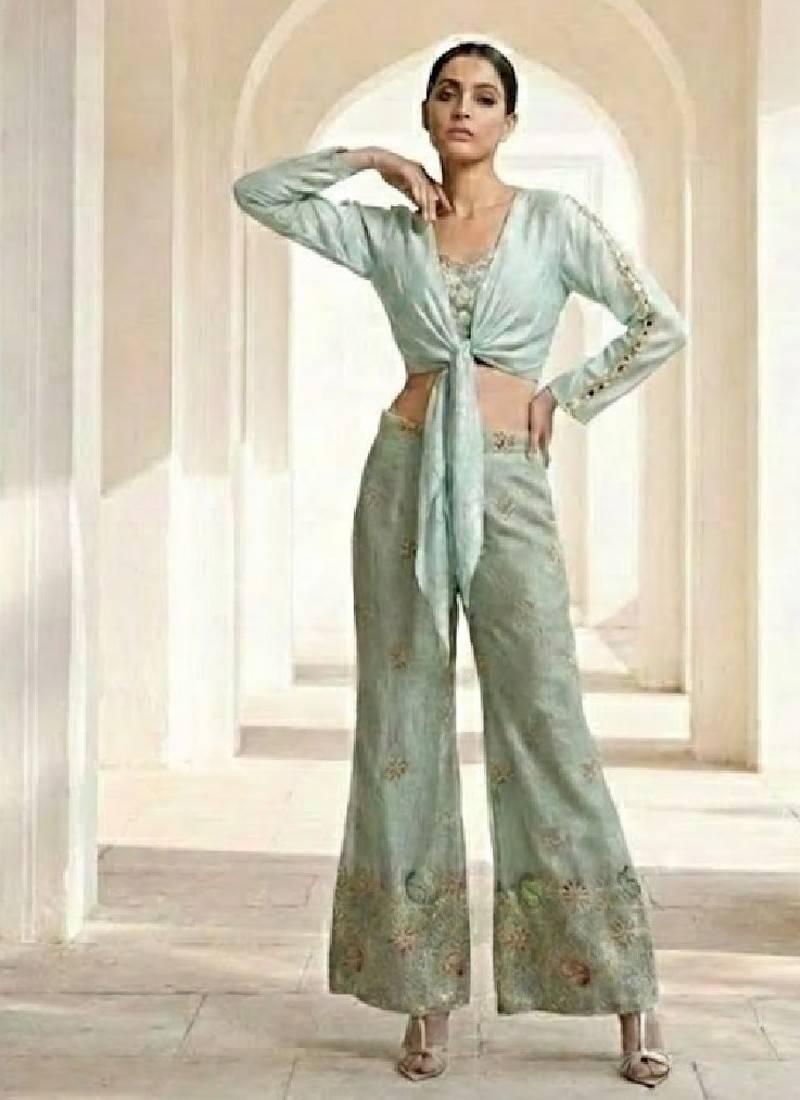 Tie-up crop top with embroidered pants