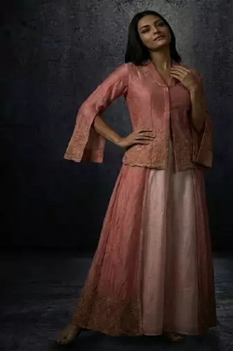 blush pink jacket kurta set with peach palazzo pants