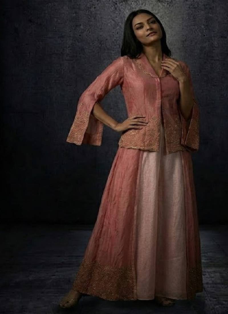 blush pink jacket kurta set with peach palazzo pants