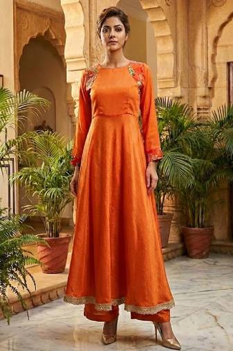 plus size rust orange embroidered anarkali set