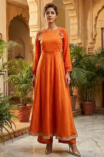 plus size rust orange embroidered anarkali set