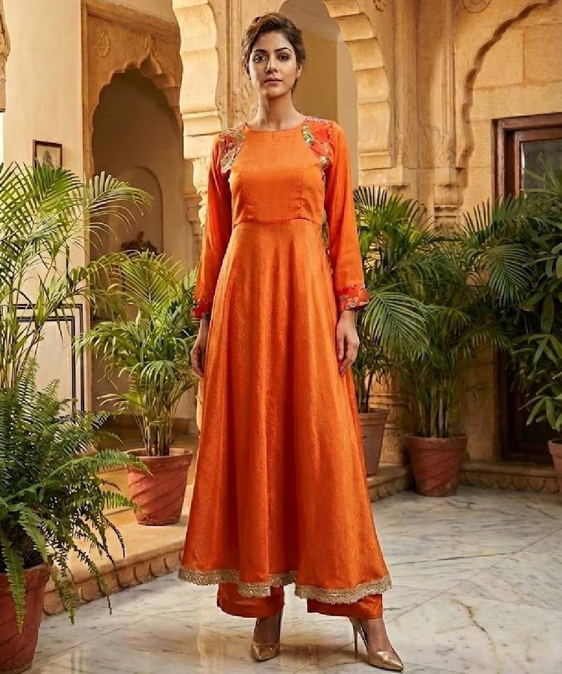 plus size rust orange embroidered anarkali set