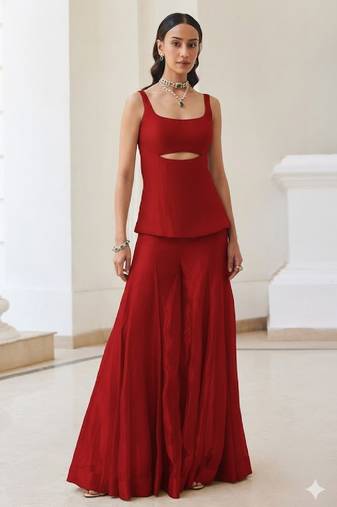 plus size red contemporary co-ord set with flared pants