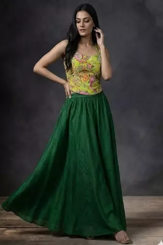 plus size green flared pants with printed blouse set