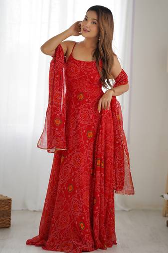 Pure soft lightweight chiffon fabric bandhej print fully flair gown, dupatta and pent
