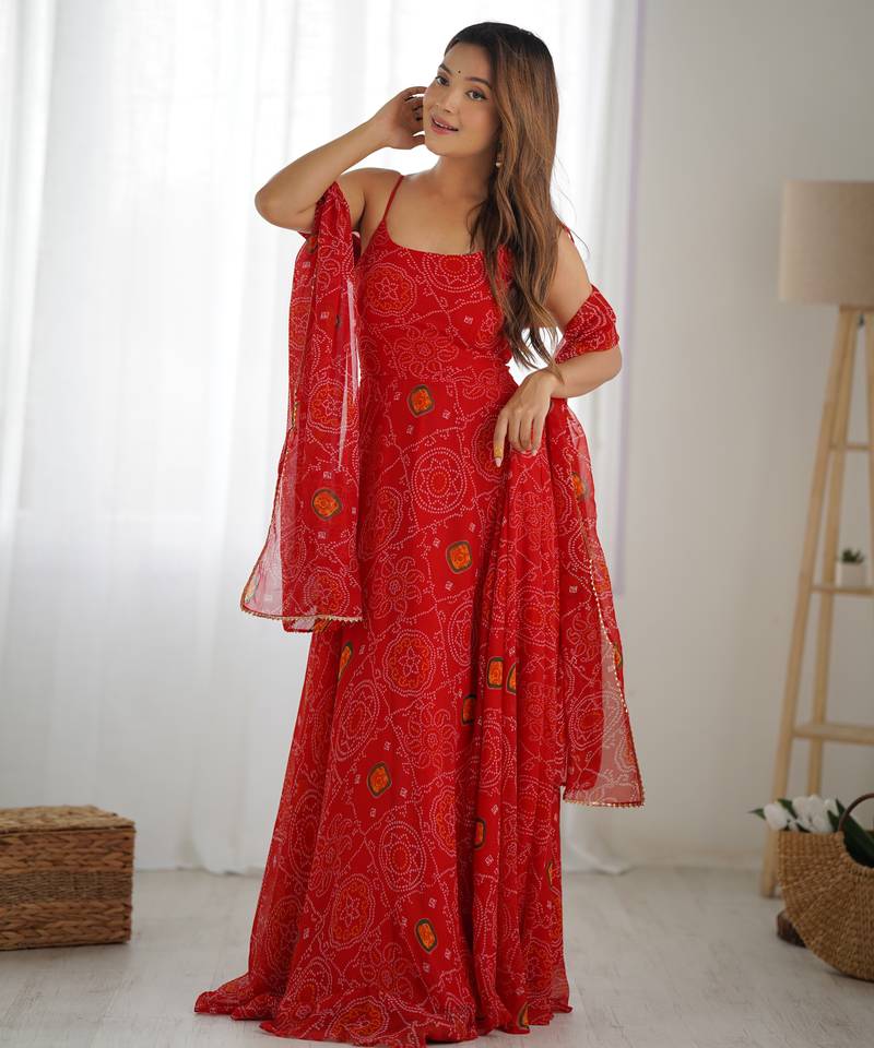 Pure soft lightweight chiffon fabric bandhej print fully flair gown, dupatta and pent