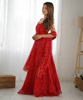 Pure soft lightweight chiffon fabric bandhej print fully flair gown, dupatta and pent 2