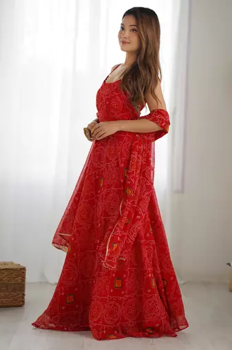 Pure soft lightweight chiffon fabric bandhej print fully flair gown, dupatta and pent