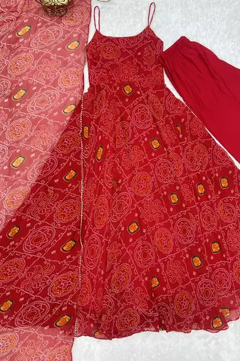 Pure soft lightweight chiffon fabric bandhej print fully flair gown, dupatta and pent