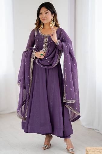Graceful purple anarkali kurta with pants & dupatta
