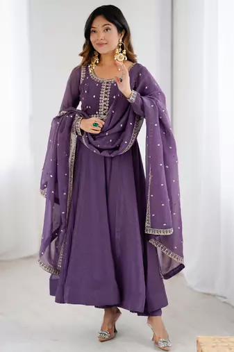 Graceful purple anarkali kurta with pants & dupatta
