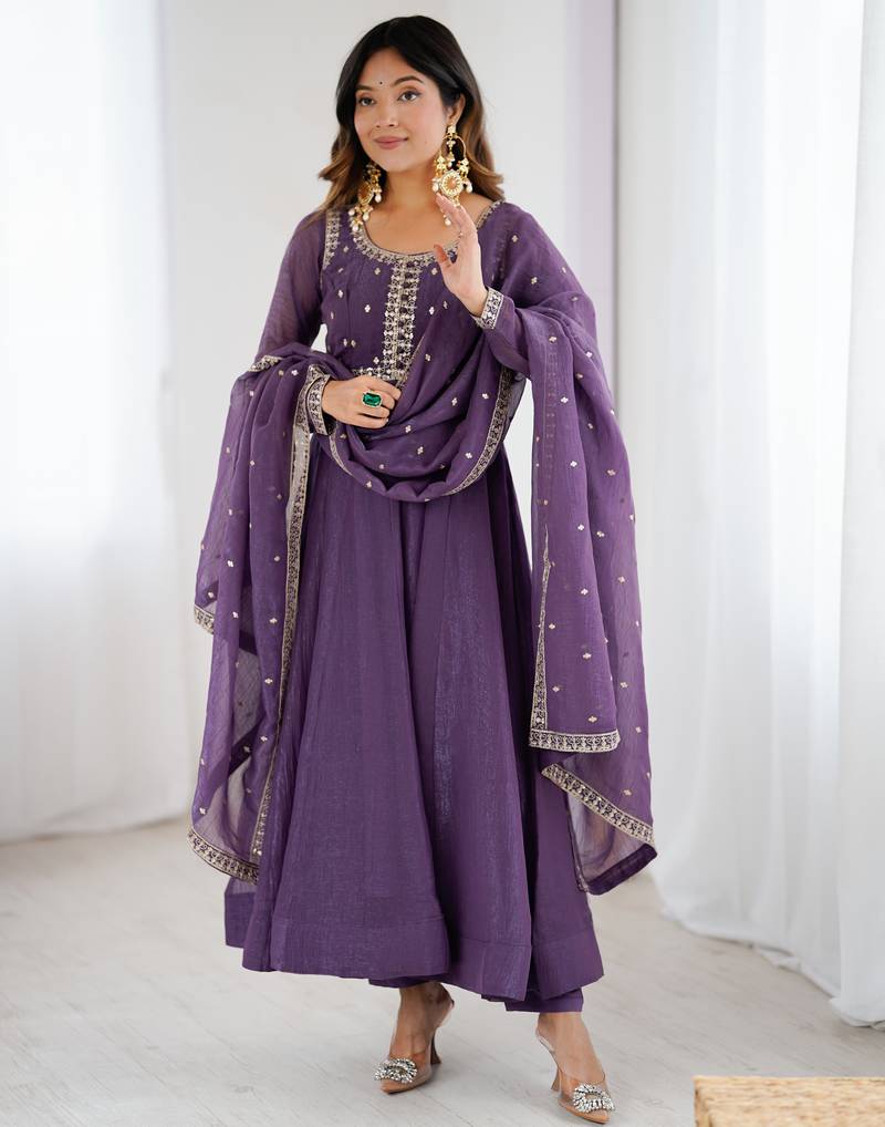 Graceful purple anarkali kurta with pants & dupatta