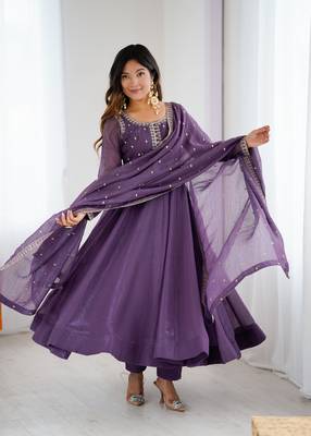 Graceful purple anarkali kurta with pants & dupatta 2