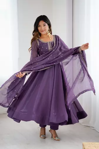 Graceful purple anarkali kurta with pants & dupatta