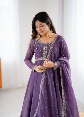 Graceful purple anarkali kurta with pants & dupatta 3