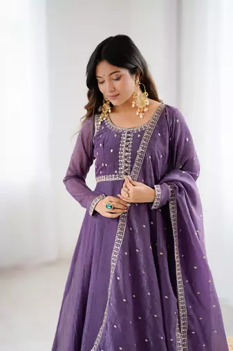 Graceful purple anarkali kurta with pants & dupatta