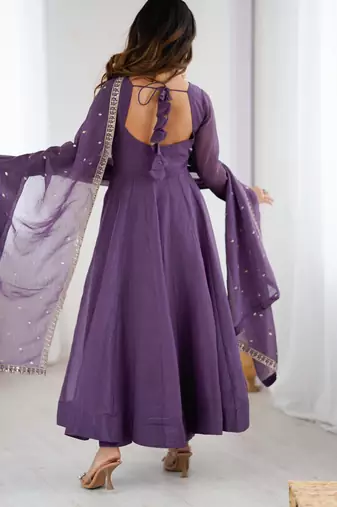 Graceful purple anarkali kurta with pants & dupatta