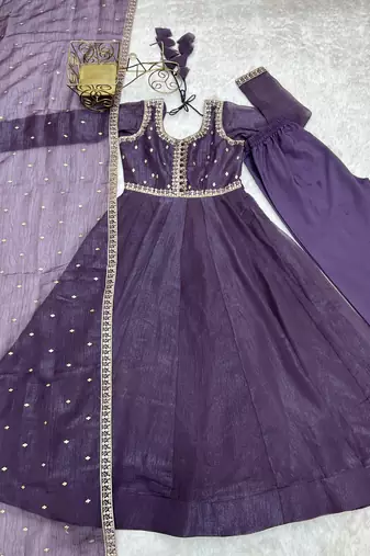 Graceful purple anarkali kurta with pants & dupatta