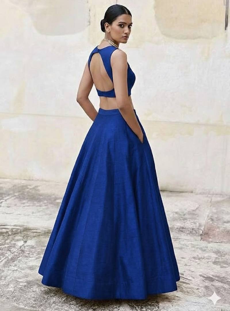 Royal Blue Open-Back Lehenga Set