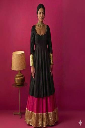 Black and Pink Layered Anarkali Set