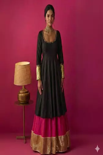 Black and Pink Layered Anarkali Set