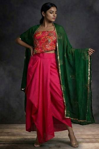 Pink Draped Lehenga Set with Green Dupatta