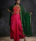 Pink Draped Lehenga Set with Green Dupatta