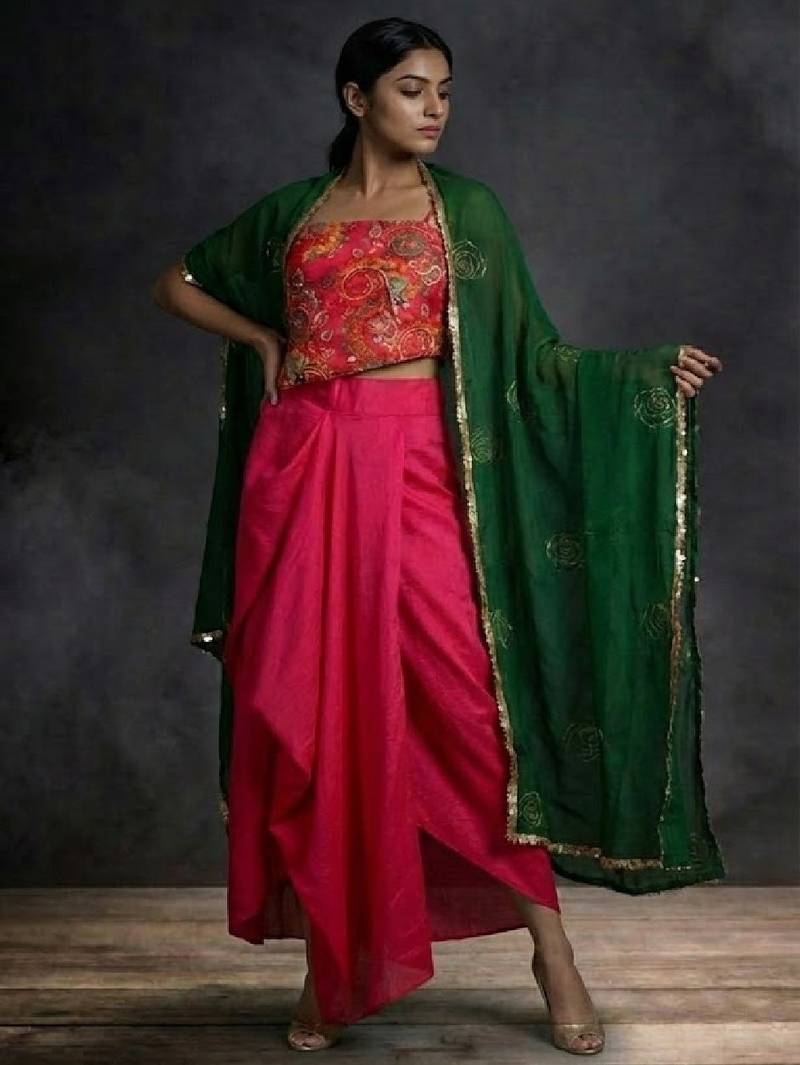 Pink Draped Lehenga Set with Green Dupatta