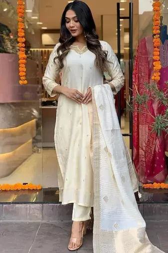 Beautiful Embroidery Viscose Chanderi Straight Kurta Pant With Dupatta Set