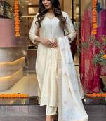 Beautiful Embroidery Viscose Chanderi Straight Kurta Pant With Dupatta Set