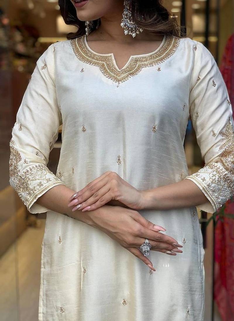 Beautiful Embroidery Viscose Chanderi Straight Kurta Pant With Dupatta Set