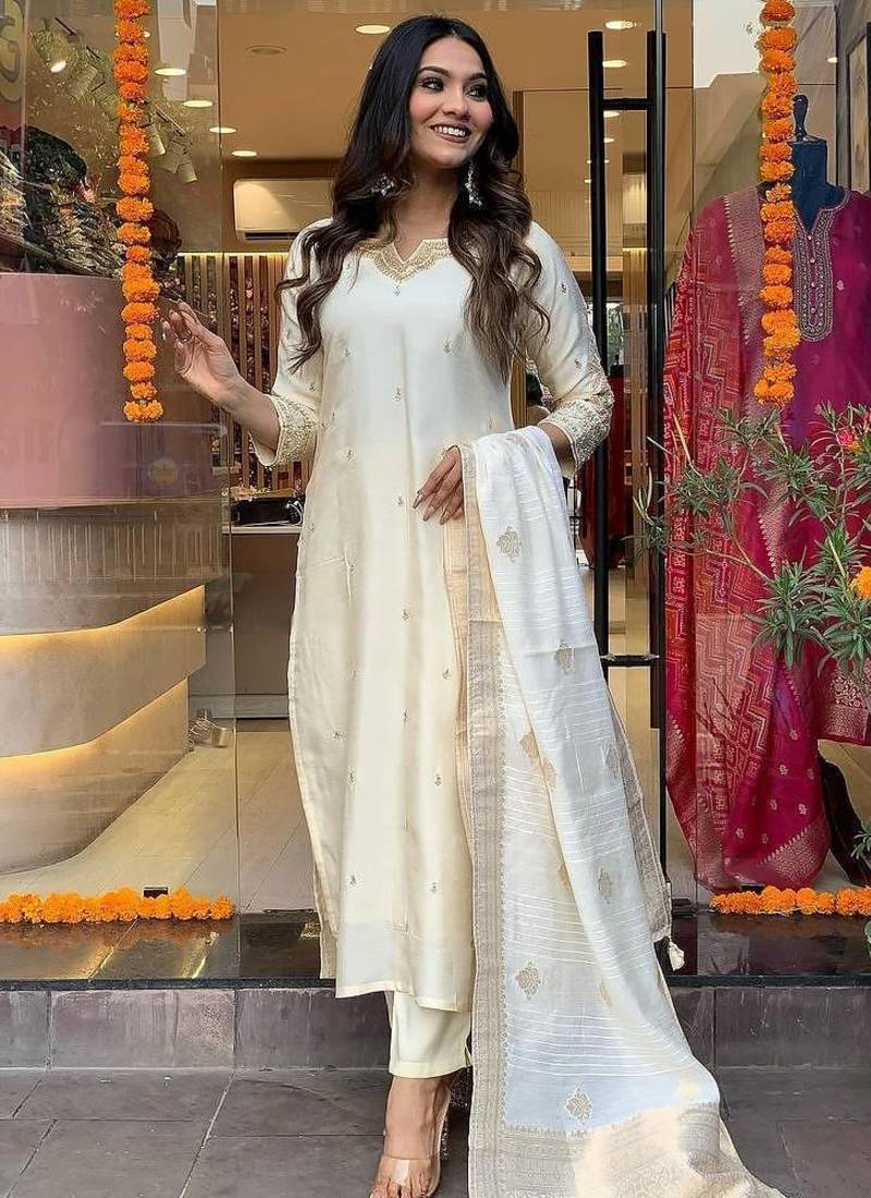 Beautiful Embroidery Viscose Chanderi Straight Kurta Pant With Dupatta Set