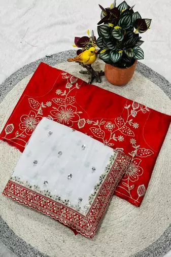 White Faux Georgette Sequence Embroidery with Mirror Lace work Saree