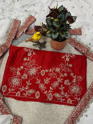 White Faux Georgette Sequence Embroidery with Mirror Lace work Saree 6