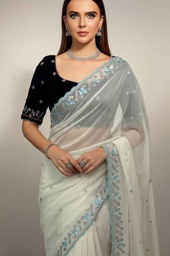 Off White Faux Georgette Beads and Sequins with Multi Thread Work on Border Saree