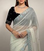 Off White Faux Georgette Beads and Sequins with Multi Thread Work on Border Saree