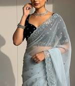 Ice Blue Faux Georgette Beads and Sequins with Multi Thread Work on Border Saree