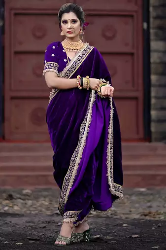 Purple Velvet Zari Dori Thread Embroidery Work with Fancy Fark Border Saree