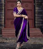 Purple Velvet Zari Dori Thread Embroidery Work with Fancy Fark Border Saree
