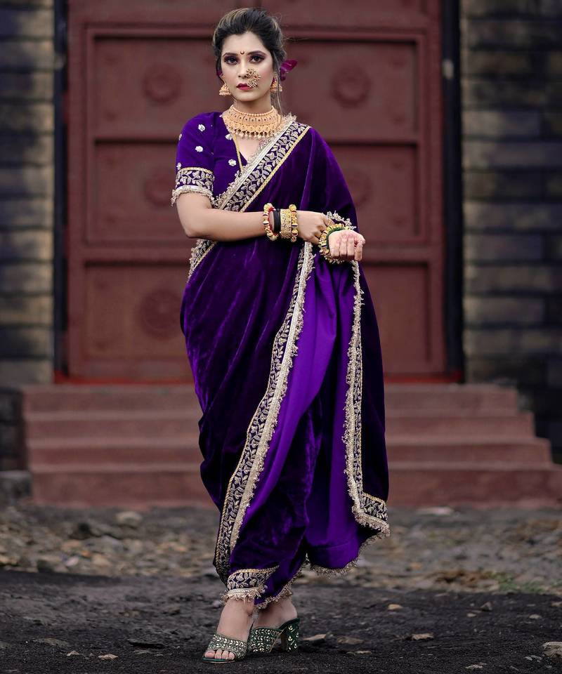 Purple Velvet Zari Dori Thread Embroidery Work with Fancy Fark Border Saree