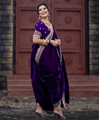 Purple Velvet Zari Dori Thread Embroidery Work with Fancy Fark Border Saree 2