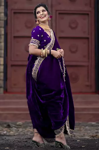 Purple Velvet Zari Dori Thread Embroidery Work with Fancy Fark Border Saree