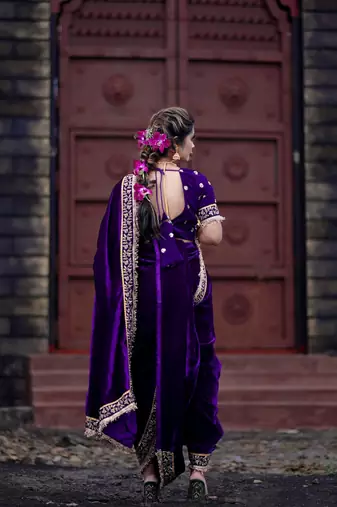 Purple Velvet Zari Dori Thread Embroidery Work with Fancy Fark Border Saree