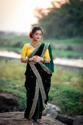 Green Velvet Sequins and Jari Dori Embroidered Lace Border with Sequins Butti work Saree 1