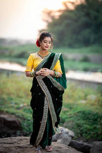 Green Velvet Sequins and Jari Dori Embroidered Lace Border with Sequins Butti work Saree